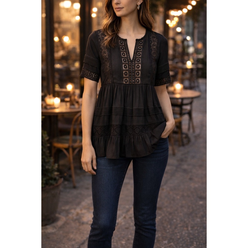 Maeve Anthropologie Black Short Sleeve Top Tiered Crochet Lace Blouse Small